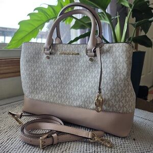 Michael Kors Cream and Tan Signature Satchel